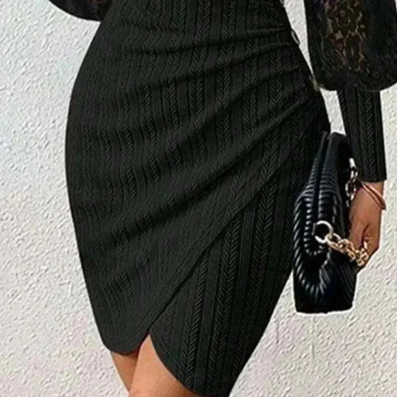 Black Elegant Women's Solid V-Neck Fitted Sexy Long Sleeve Bodycon Mini Dress - Picture 3 of 3